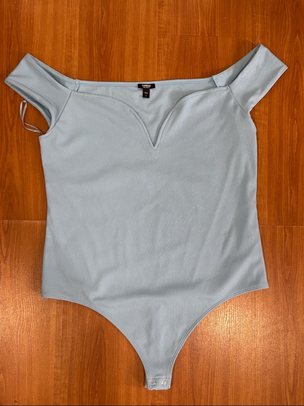 Express Light Blue Off-Shoulder V-Notch Ribbed Bodysuit